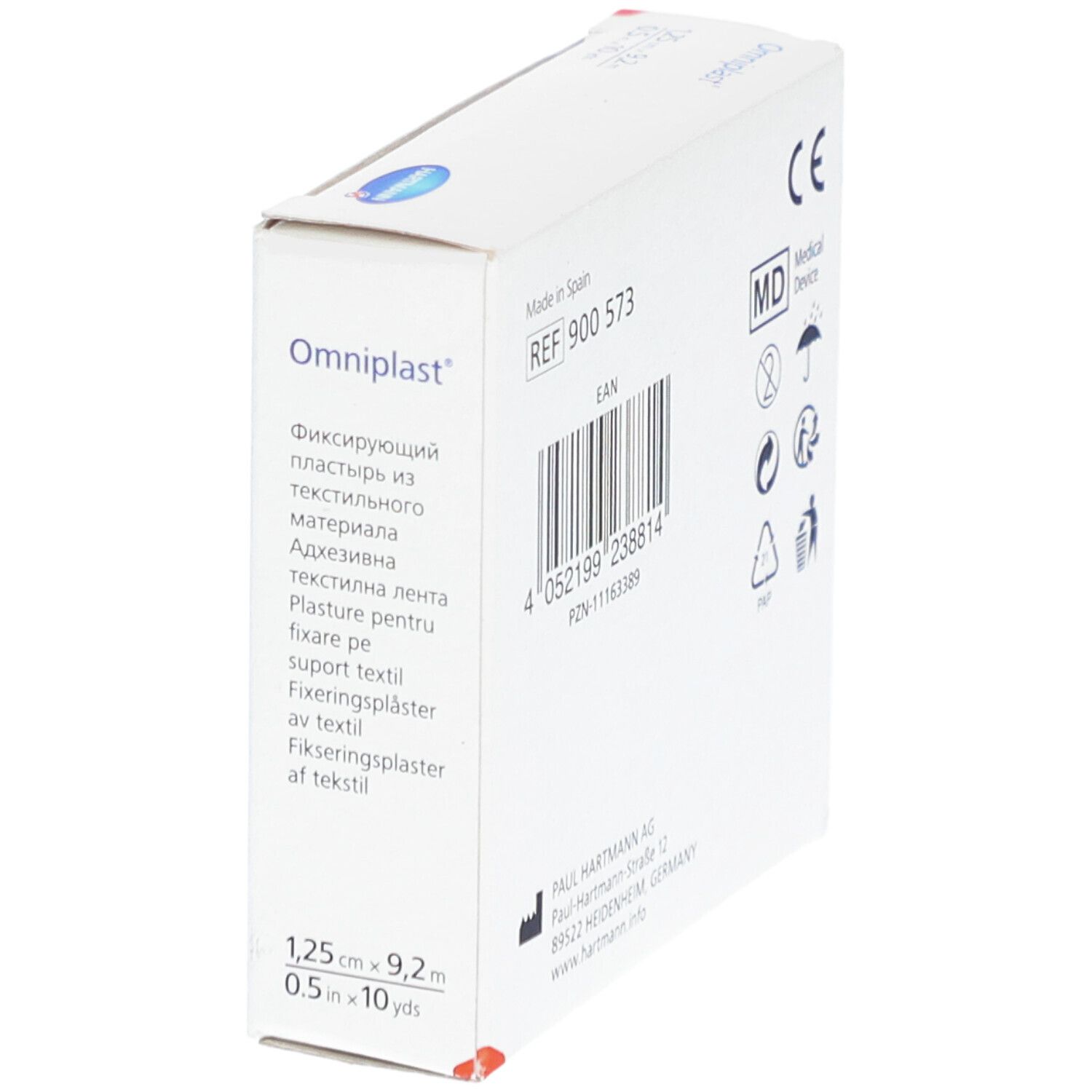 Dos de la boîte Omniplast® en biais. Code-barres, marquage CE, adresse du fabricant, symbole MD (Medical Device).