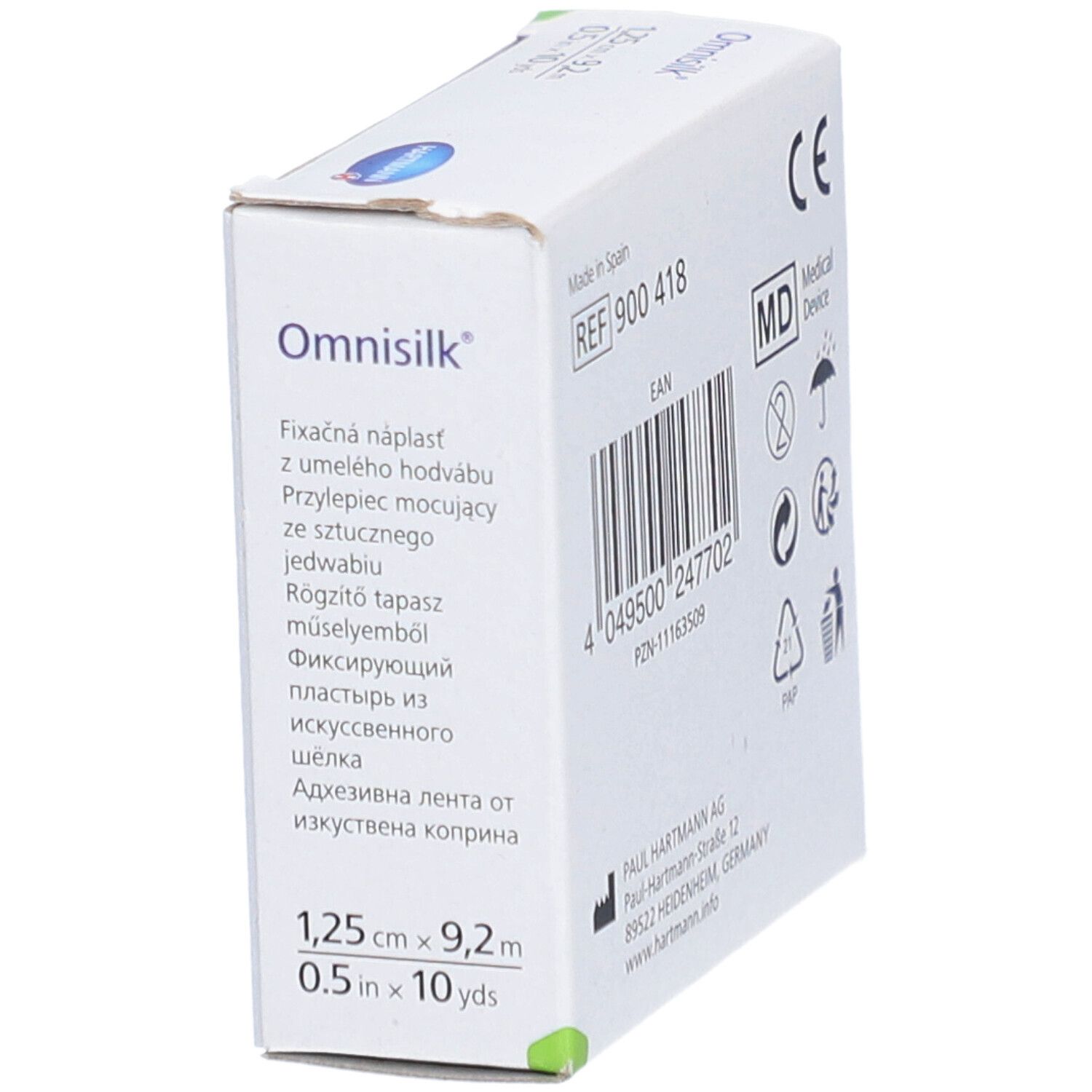Emballage Omnisilk, en biais. Inscription : 1,25 cm x 9,2 m. Marquage CE. Adresse du fabricant. Texte : Dispositif médical.