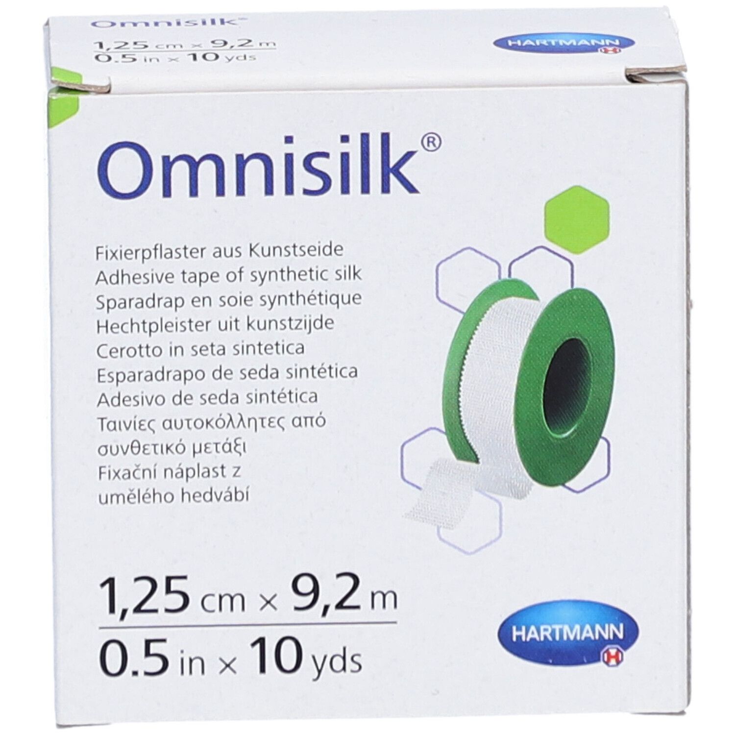Emballage de pansement adhésif Omnisilk. Inscription : 1,25 cm x 9,2 m. Rouleau vert et blanc illustré. Logo Hartmann.