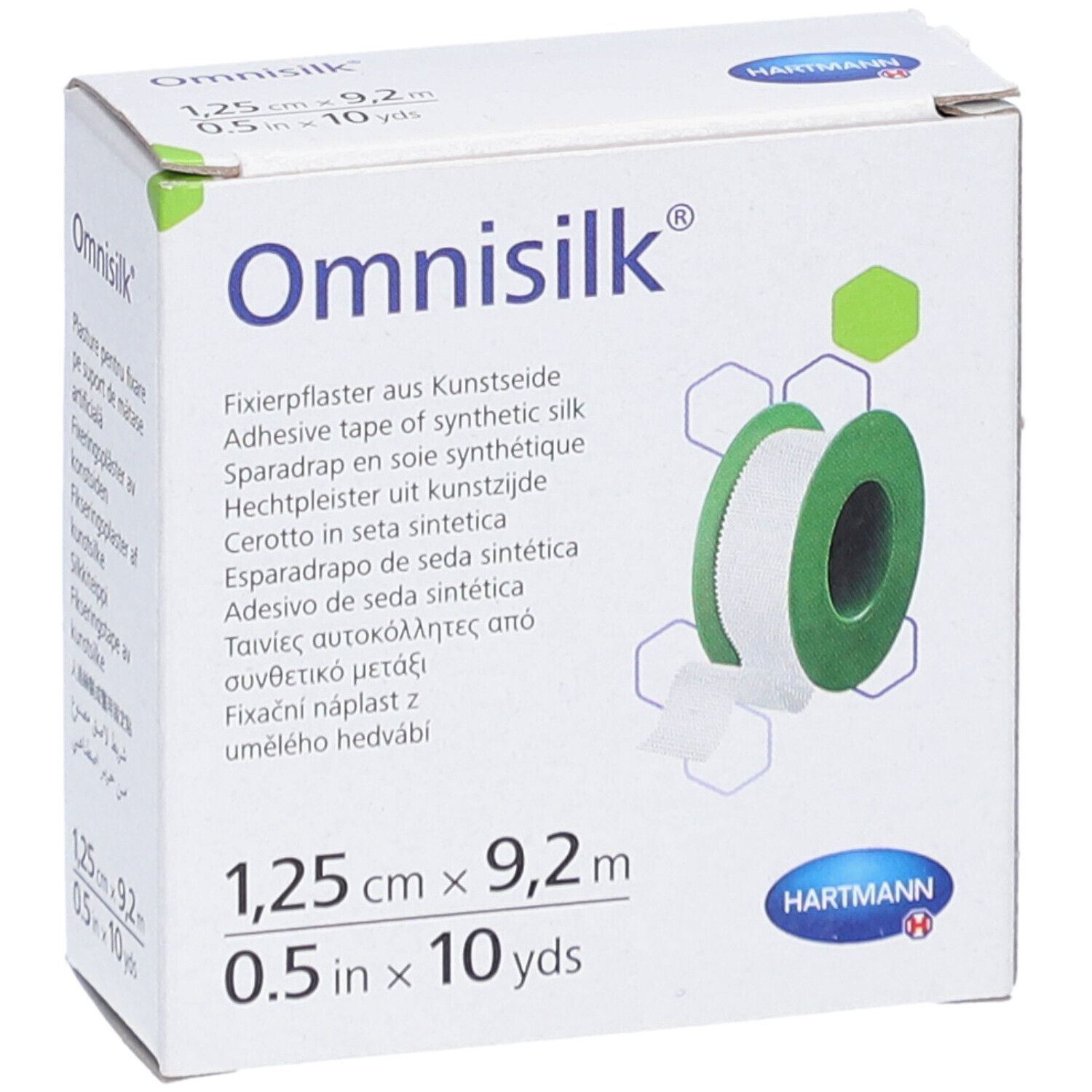 Emballage de pansement adhésif Omnisilk. Inscription : 1,25 cm x 9,2 m. Rouleau vert et blanc illustré. Logo Hartmann.