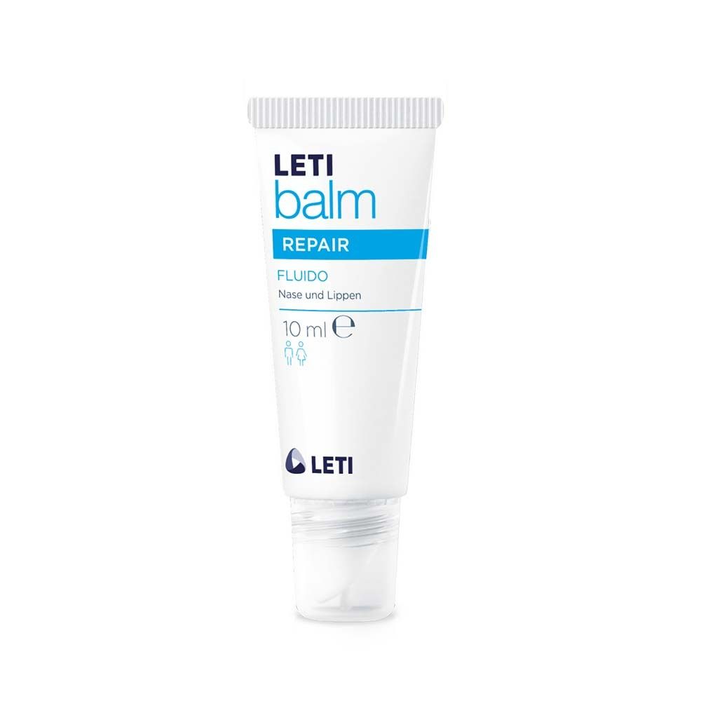 Tube de LETI balm fluido. Blanc, texte bleu. Contient 10 ml. Pour le nez et les lèvres.