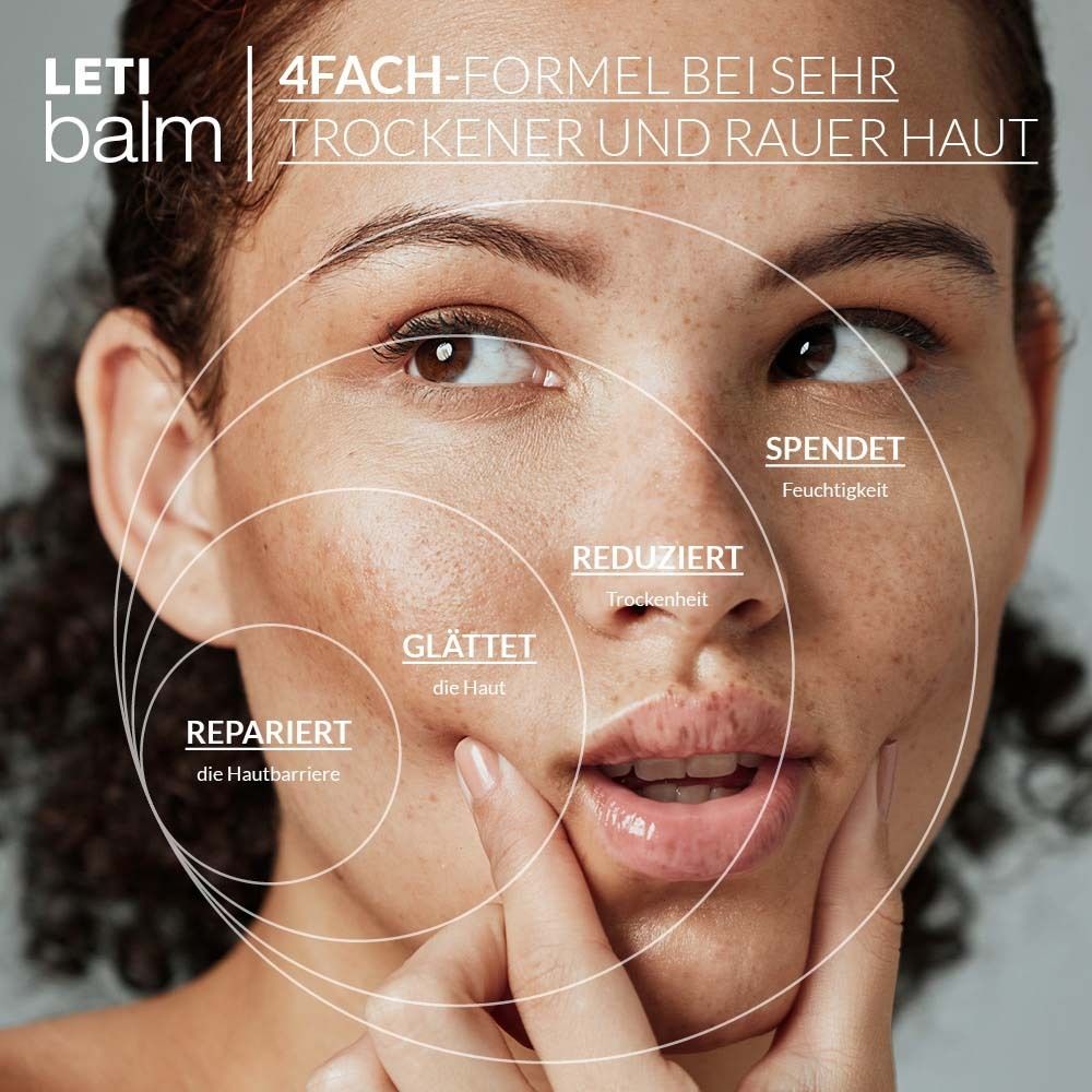 Visage d'une femme avec des cercles. Étiquettes : Hydrate, Réduit la sécheresse, Lisse, Répare.