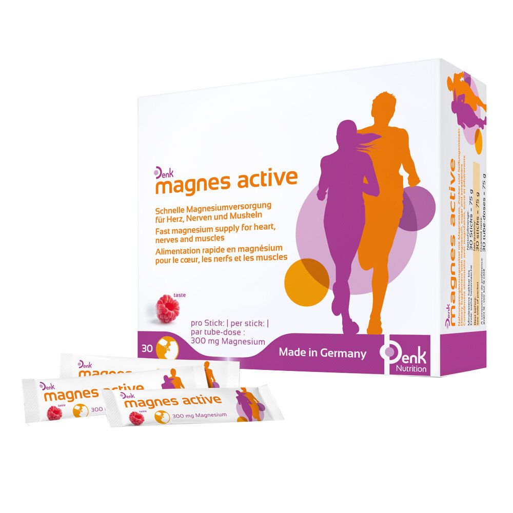 Boîte de Magnes Active. Impression: Denk, logo, nom du produit, coureurs, framboise. 30 sticks.