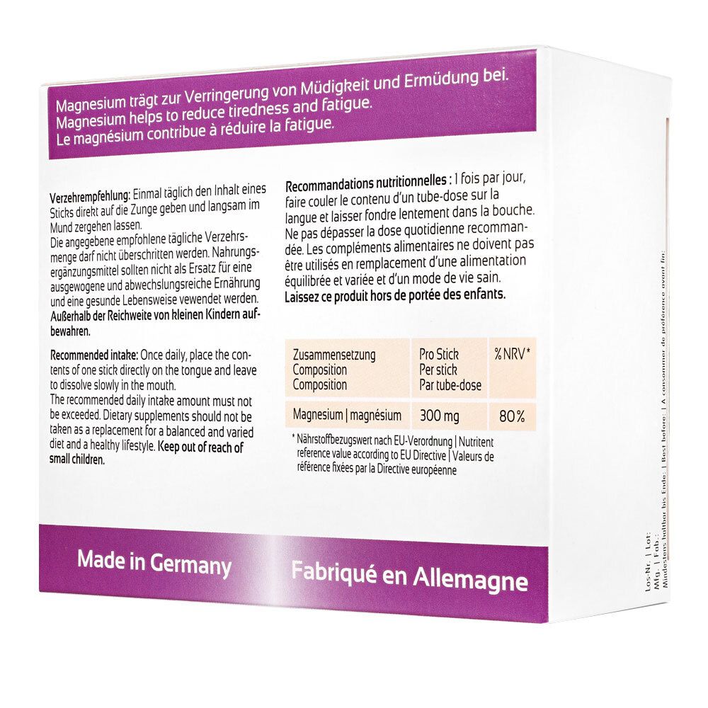 Dos de la boîte Magnes Active. Texte: conseils d'utilisation, ingrédients, informations nutritionnelles. Fabriqué en Allemagne.