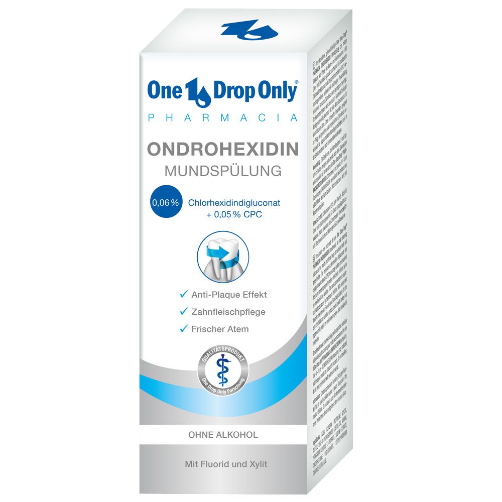 Ondrohexidin bain de bouche en boîte. Contient 0,06% digluconate de chlorhexidine et 0,05% CPC. Sans alcool.