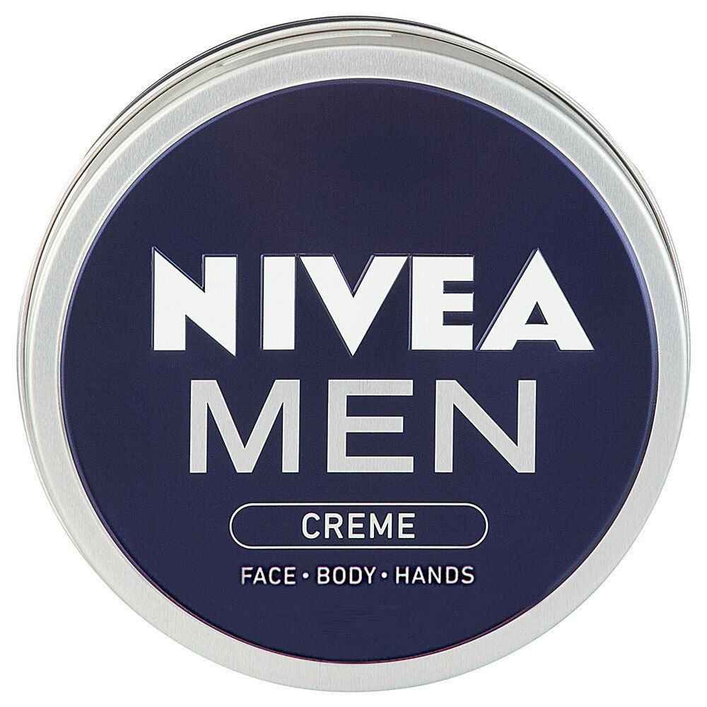 Boîte ronde avec couvercle bleu. Inscription : NIVEA MEN CREME. Pour le visage, le corps et les mains.