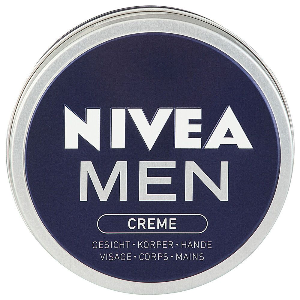 Boîte ronde avec logo NIVEA MEN Creme. Boîte bleue avec couvercle argenté. Texte: Visage, Corps, Mains.