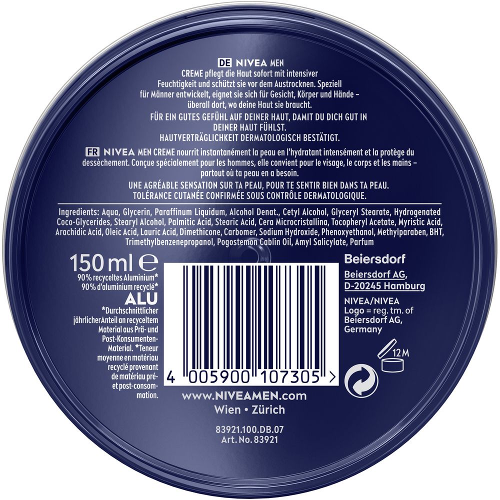 Arrière d'une boîte NIVEA MEN Crème avec ingrédients et informations du fabricant.
