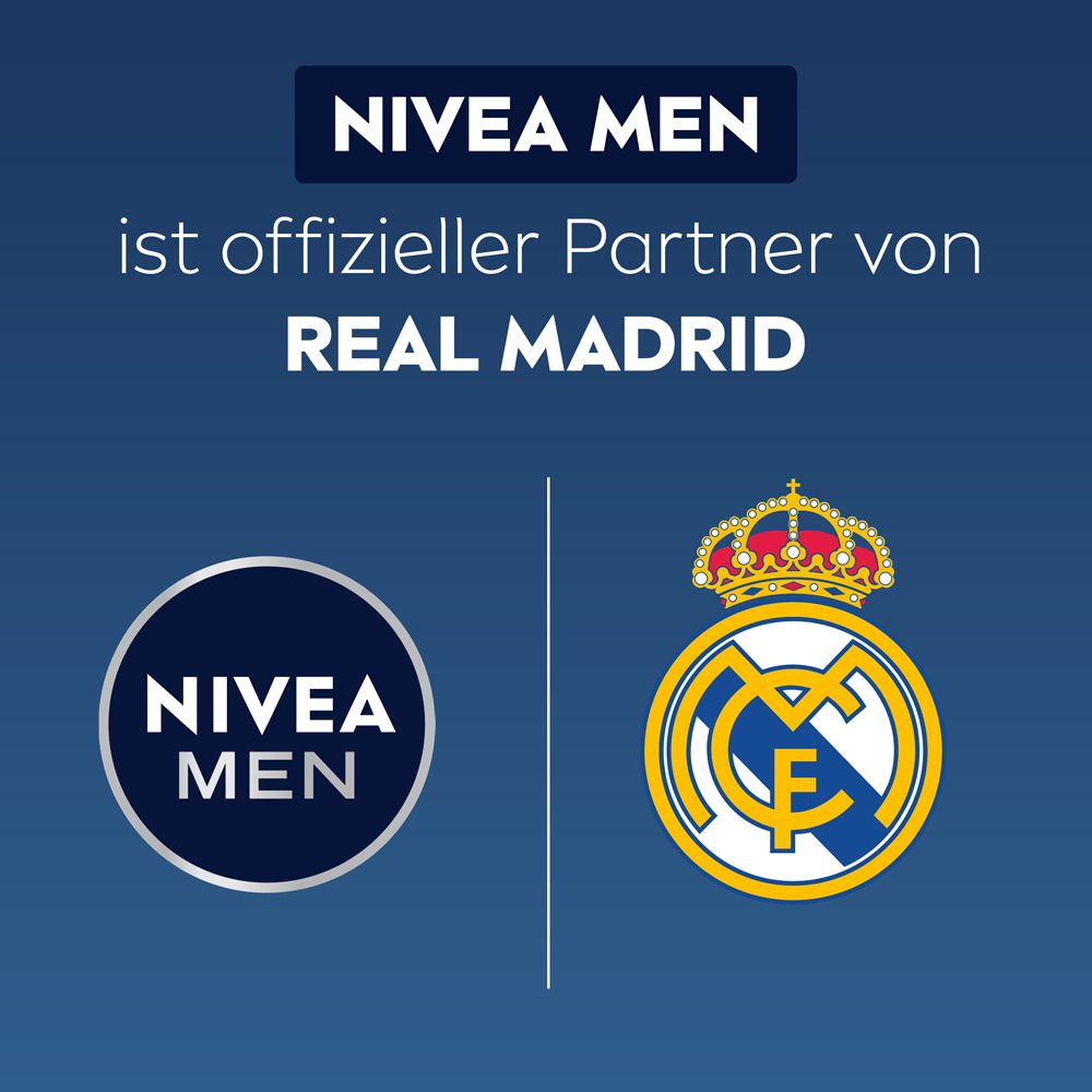 NIVEA MEN est partenaire officiel du REAL MADRID, avec les logos NIVEA MEN et Real Madrid.