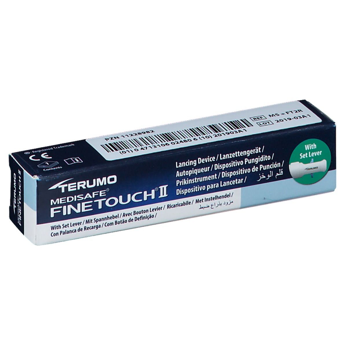 Emballage du autopiqueur Terumo Medisafe Fine Touch II avec marquage CE et code-barres.