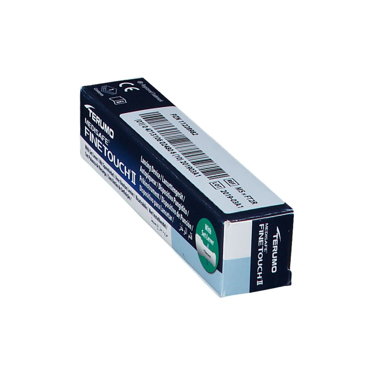 Emballage Terumo Medisafe Fine Touch II pour autopiqueur, avec marquage CE.