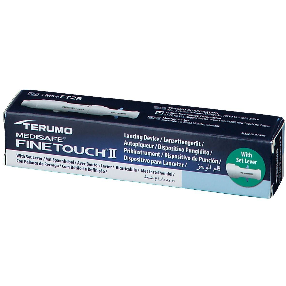 Dispositif de prélèvement Terumo Medisafe Fine Touch II avec levier. Stylo lanceur blanc sur boîte bleu foncé.