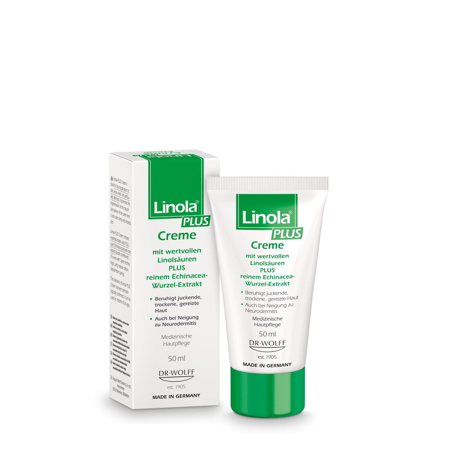 Linola PLUS Crème, tube et emballage. Blanc, vert. Texte : Crème, acides linoléiques, extrait de racine d'échinacée. 50ml.
