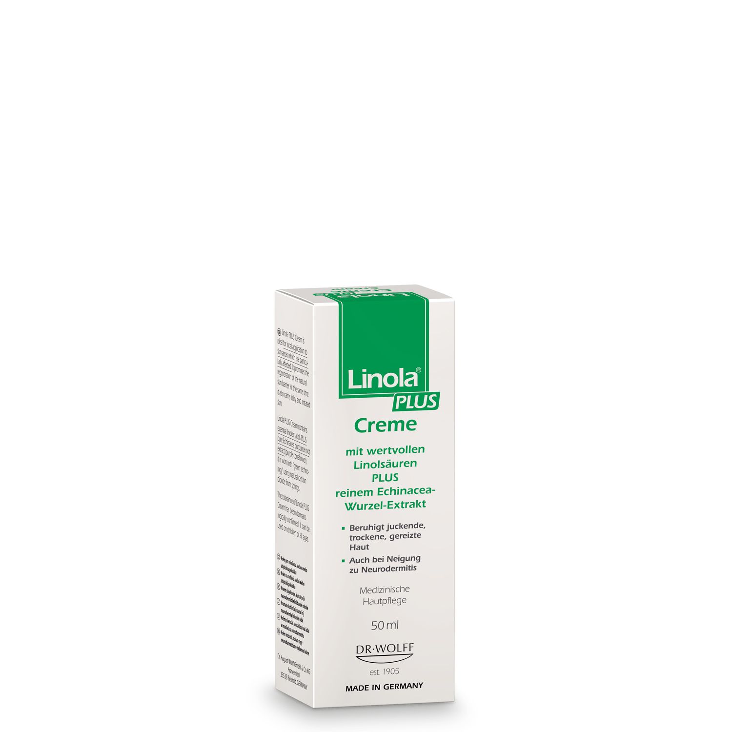 Emballage Linola PLUS Crème. Blanc, vert. Texte : Crème, acides linoléiques, extrait de racine d'échinacée. 50ml. Fabriqué en Allemagne.