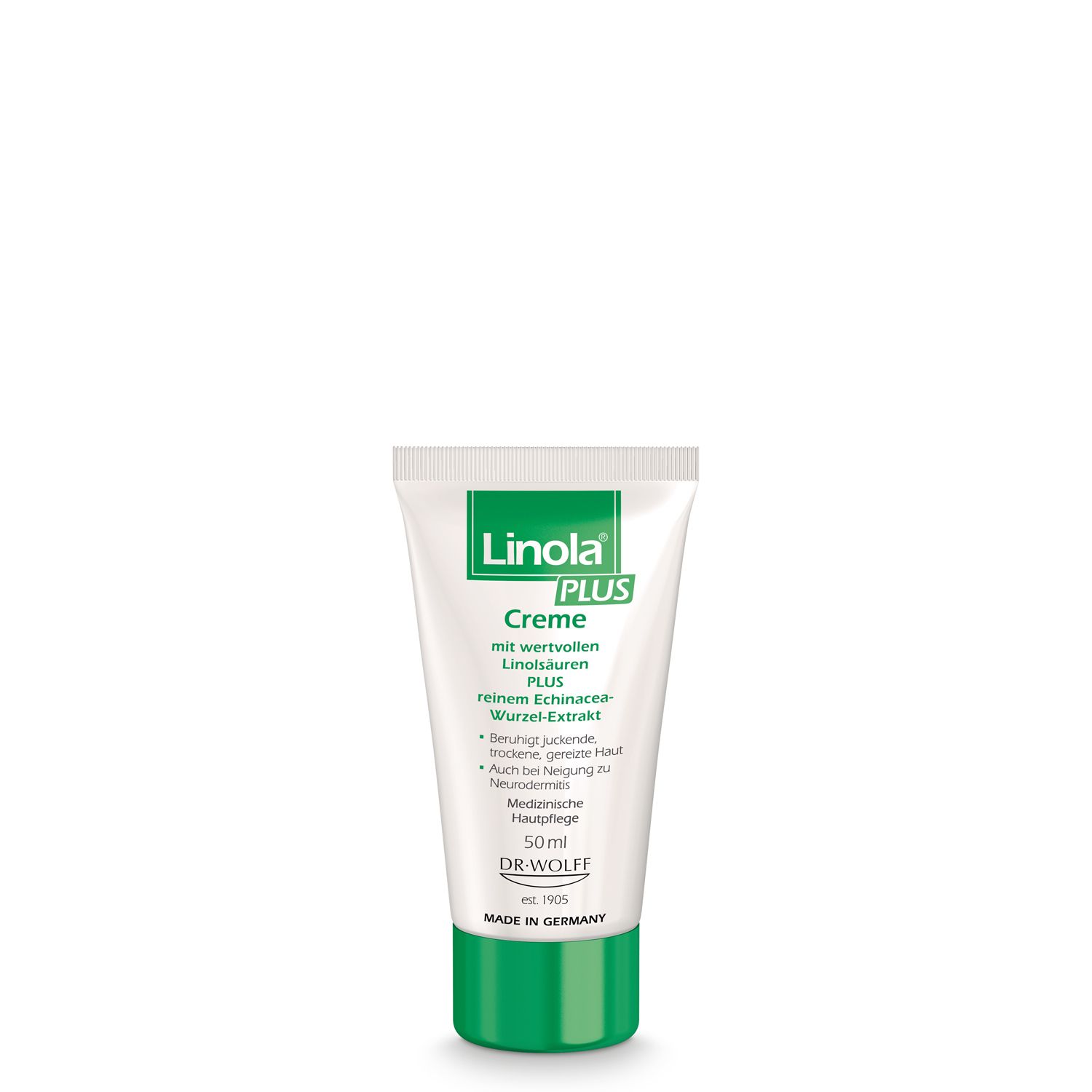 Linola PLUS Crème, tube. Blanc, vert. Texte : Crème, acides linoléiques, extrait de racine d'échinacée. 50ml. Fabriqué en Allemagne.