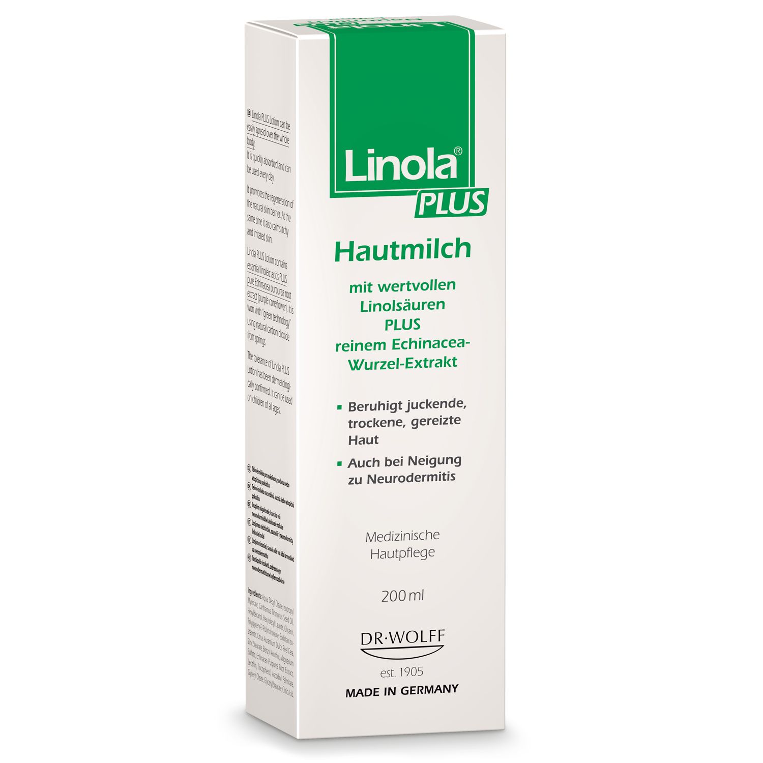 Emballage Linola PLUS Lait corporel. Blanc, vert. Texte: Lait corporel, acides linoléiques, extrait de racine d'échinacée. 200ml. DR. WOLFF.