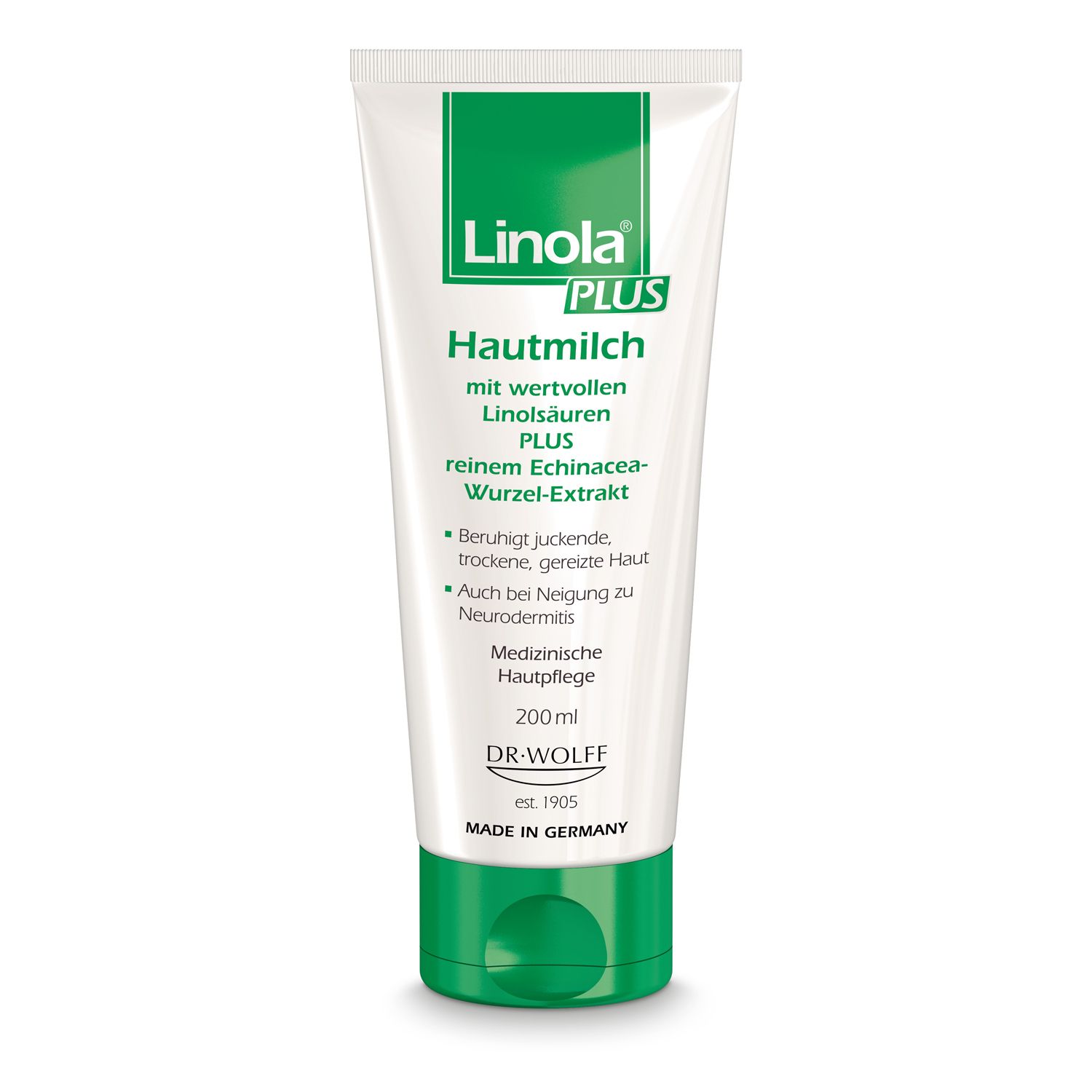 Tube Linola PLUS Lait corporel. Blanc, vert. Texte: Lait corporel, acides linoléiques, extrait de racine d'échinacée. 200ml. DR. WOLFF.