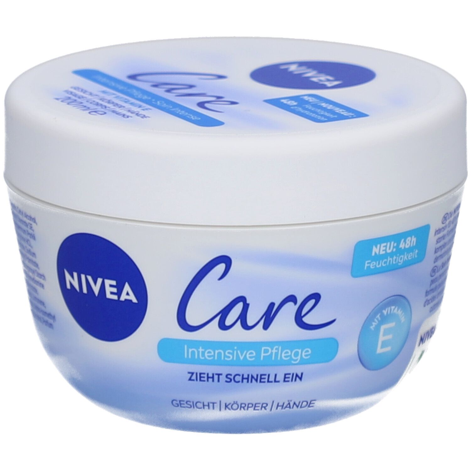 Pot blanc avec couvercle bleu. Inscription : NIVEA Care Intensive Pflege. 200 ml. Absorption rapide.