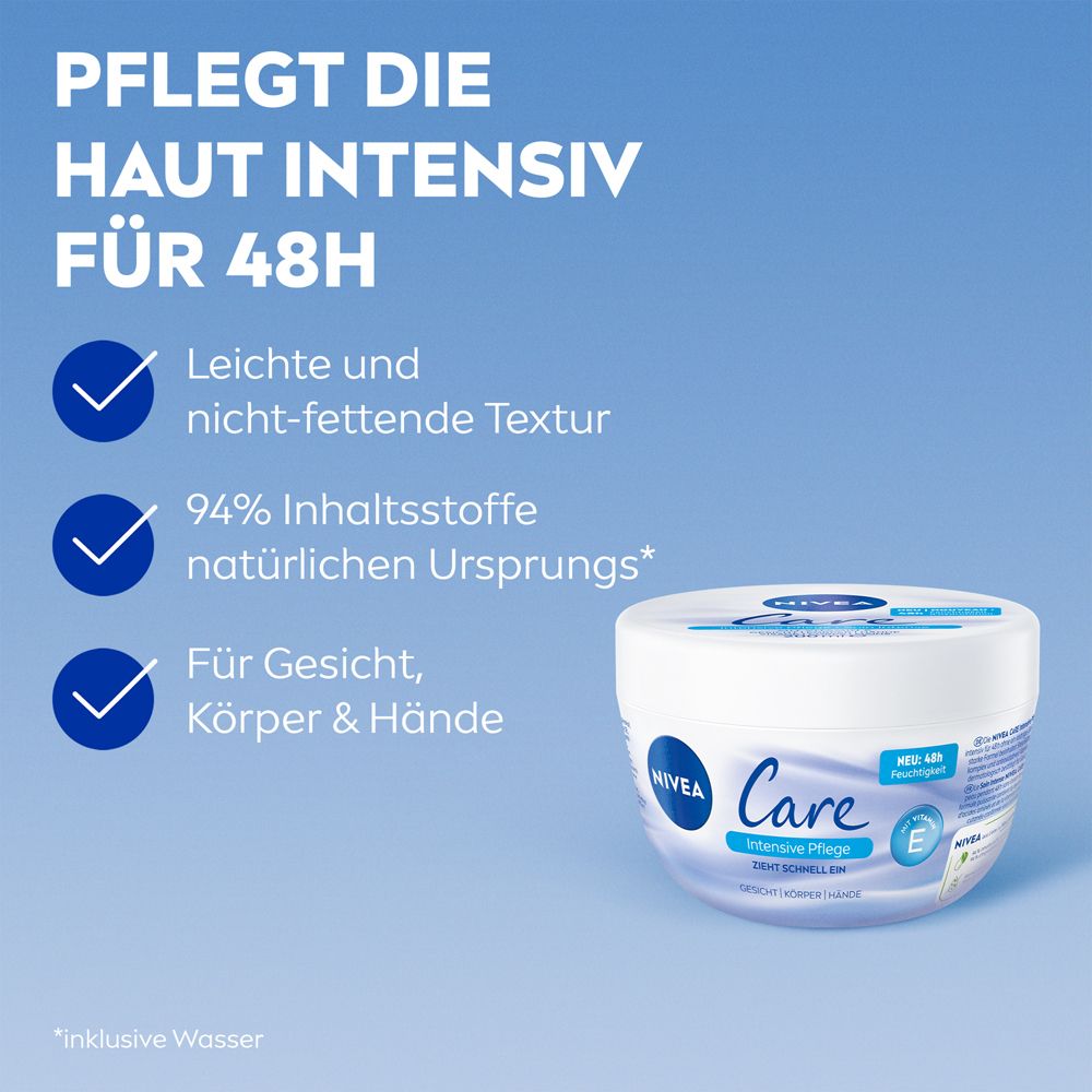 NIVEA Care Soin Intense: Texture légère, 94% d'ingrédients naturels, pour visage, corps et mains.