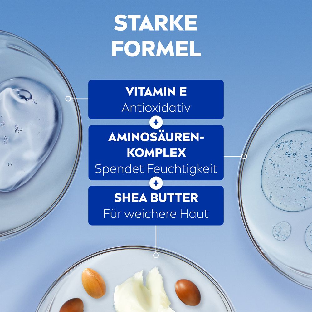 Ingrédients NIVEA Care: Vitamine E, Complexe d'acides aminés, Beurre de karité pour une peau plus douce.