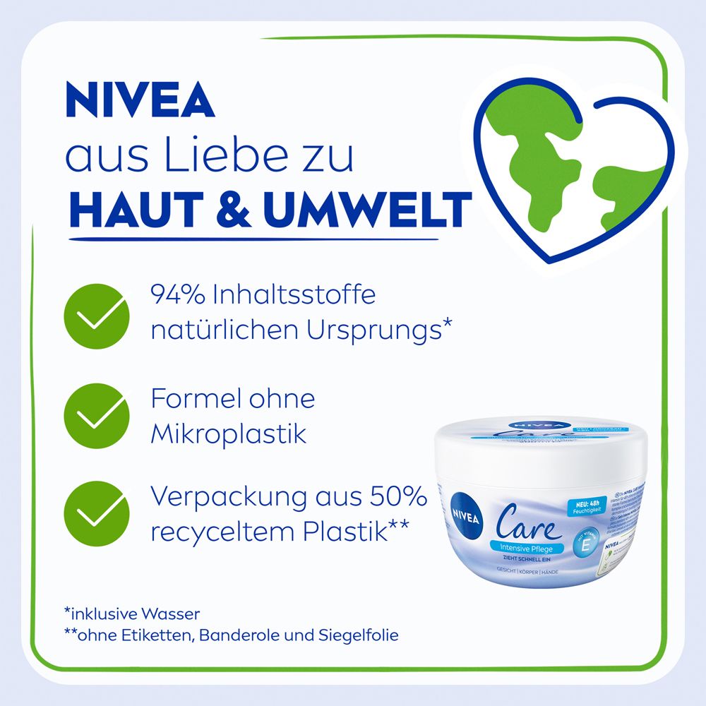 NIVEA par amour pour la peau & l'environnement: 94% d'ingrédients naturels, formule sans microplastique, emballage en plastique recyclé.