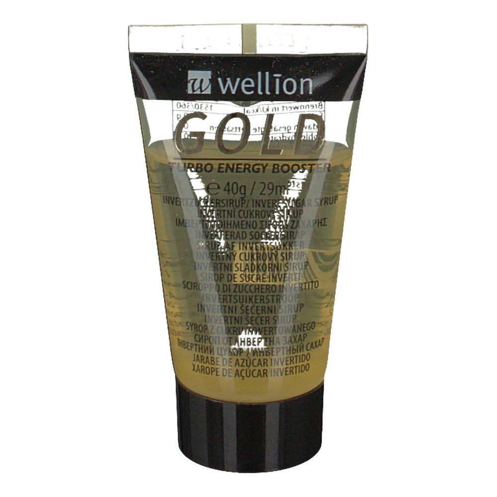 Tube transparent avec contenu doré. Inscription "GOLD" et "Turbo Energy Booster".