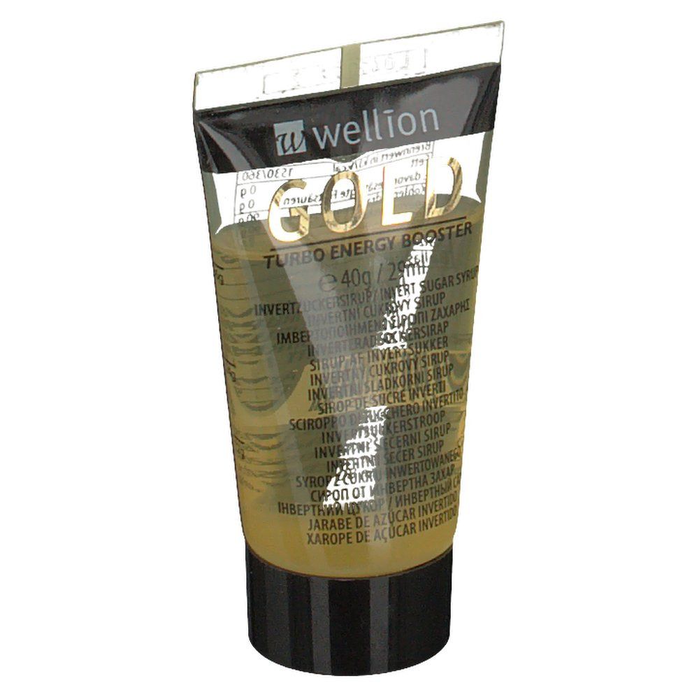 Tube transparent avec contenu doré. Inscription "GOLD" et "Turbo Energy Booster".