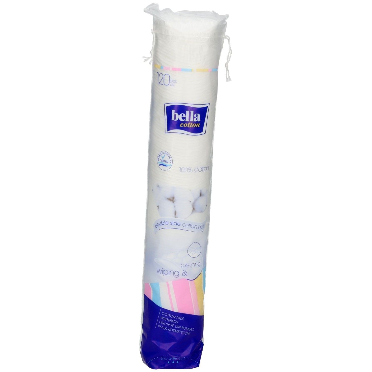 Paquet de tampons de coton. Marque: bella cotton classic. 120 pièces. 100% coton. Forme ronde. Emballé dans du plastique.