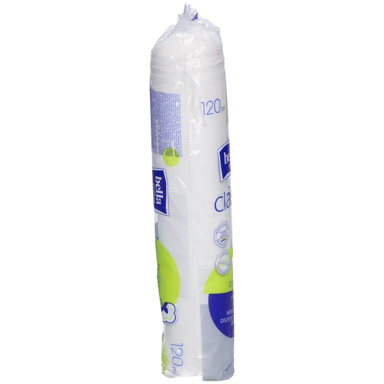 Paquet de tampons de coton. Marque: bella cotton classic. 120 pièces. Forme ronde. Emballé en plastique. Vue latérale.