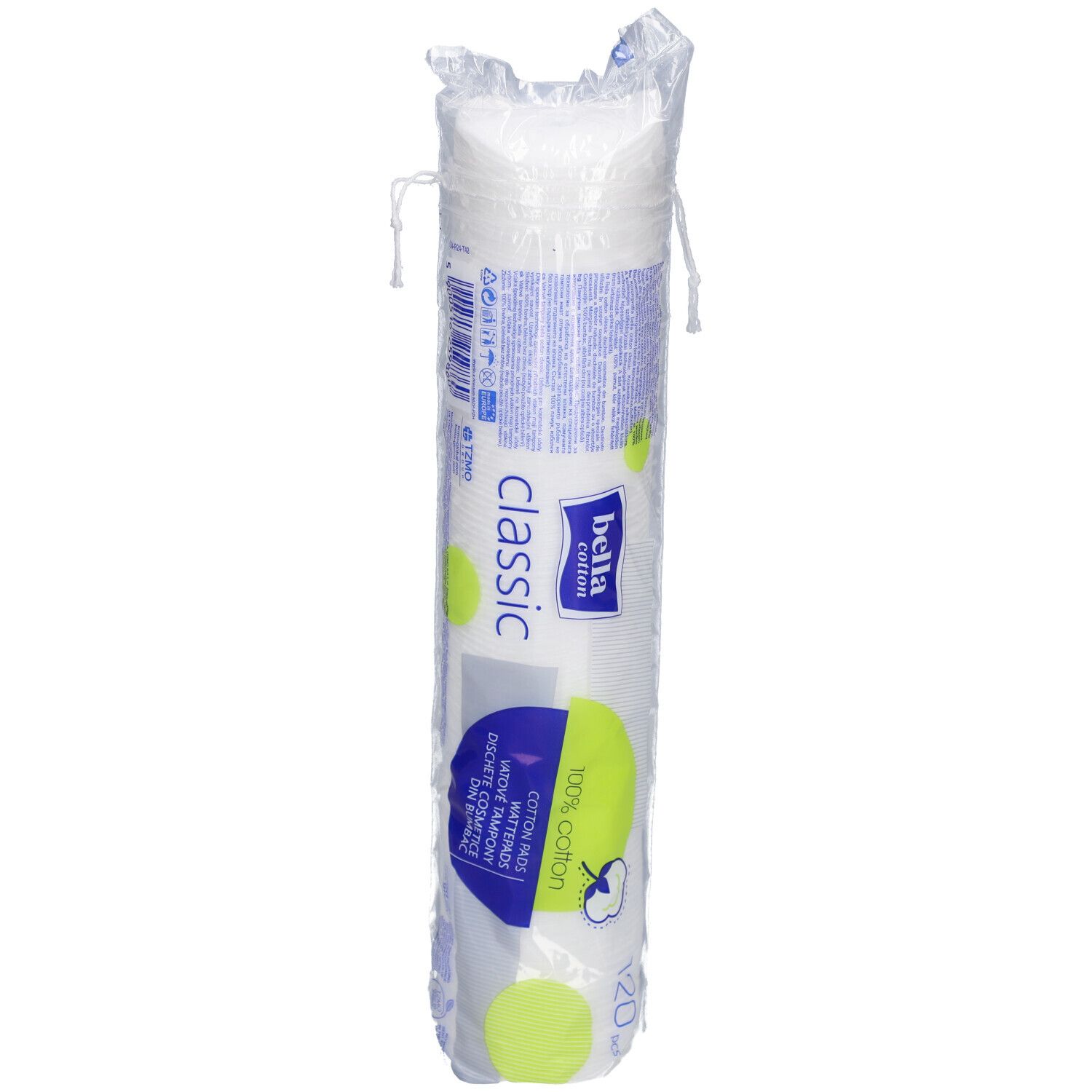 Paquet de tampons de coton. Marque: bella cotton classic. 120 pièces. 100% coton. Forme ronde. Emballé dans du plastique.