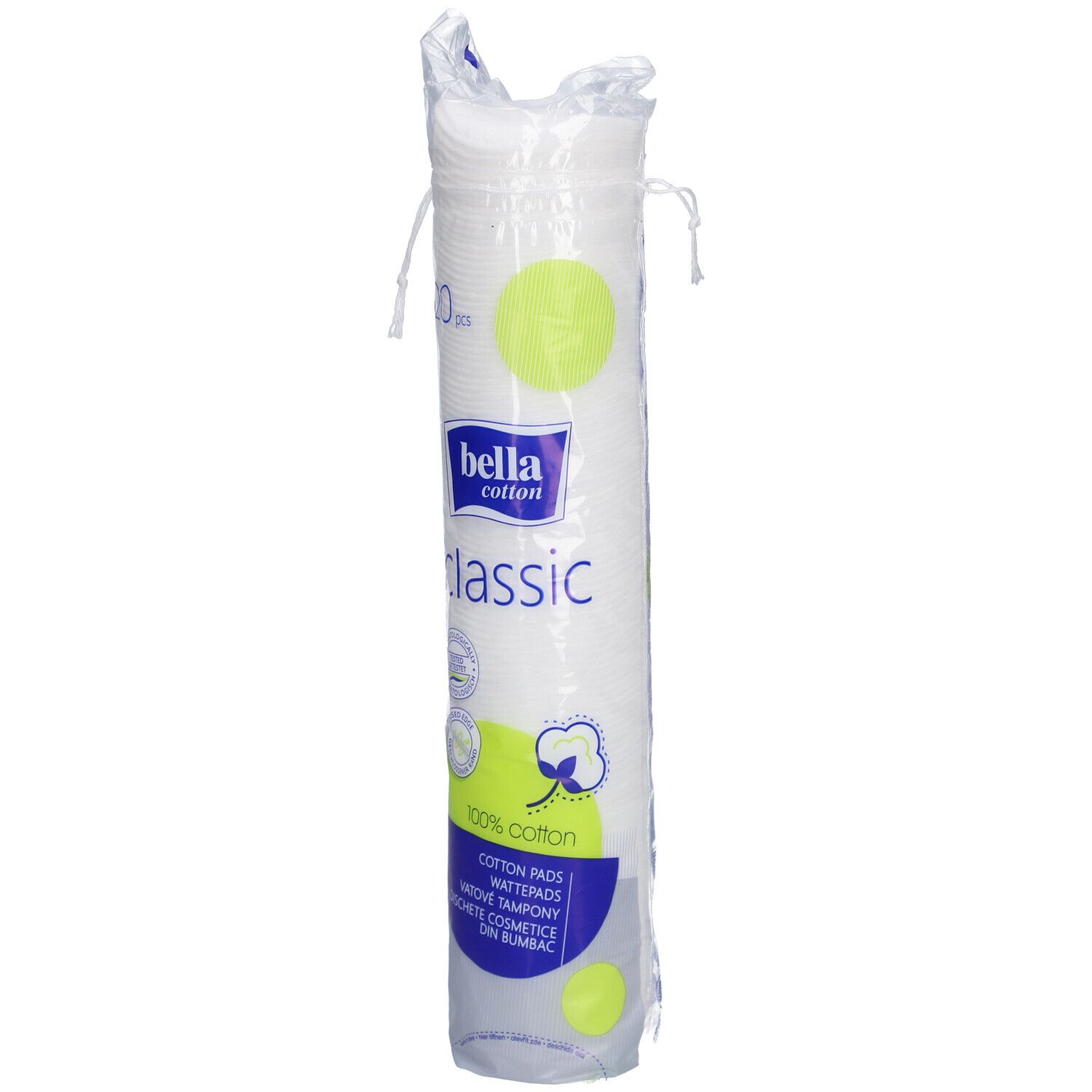 Paquet de tampons de coton. Marque: bella cotton classic. 120 pièces. Forme ronde. Emballé en plastique.