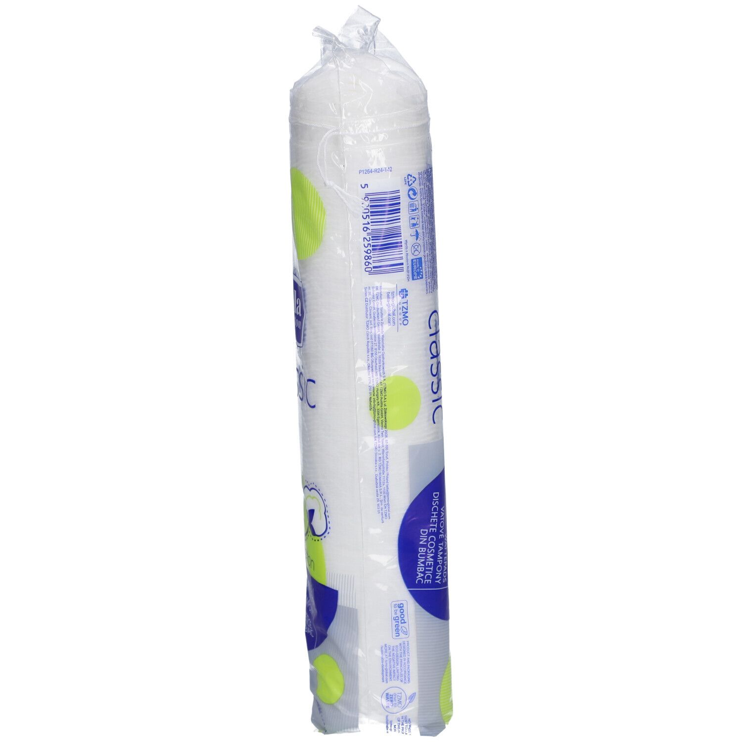 Paquet de tampons de coton. Marque: bella cotton classic. 120 pièces. Forme ronde. Emballé en plastique. Vue latérale.