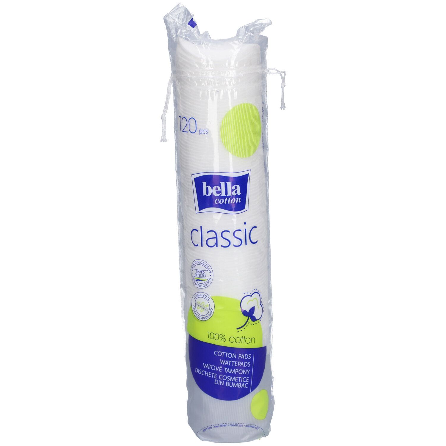 Paquet de tampons de coton. Marque: bella cotton classic. 120 pièces. 100% coton. Forme ronde. Emballé dans du plastique.