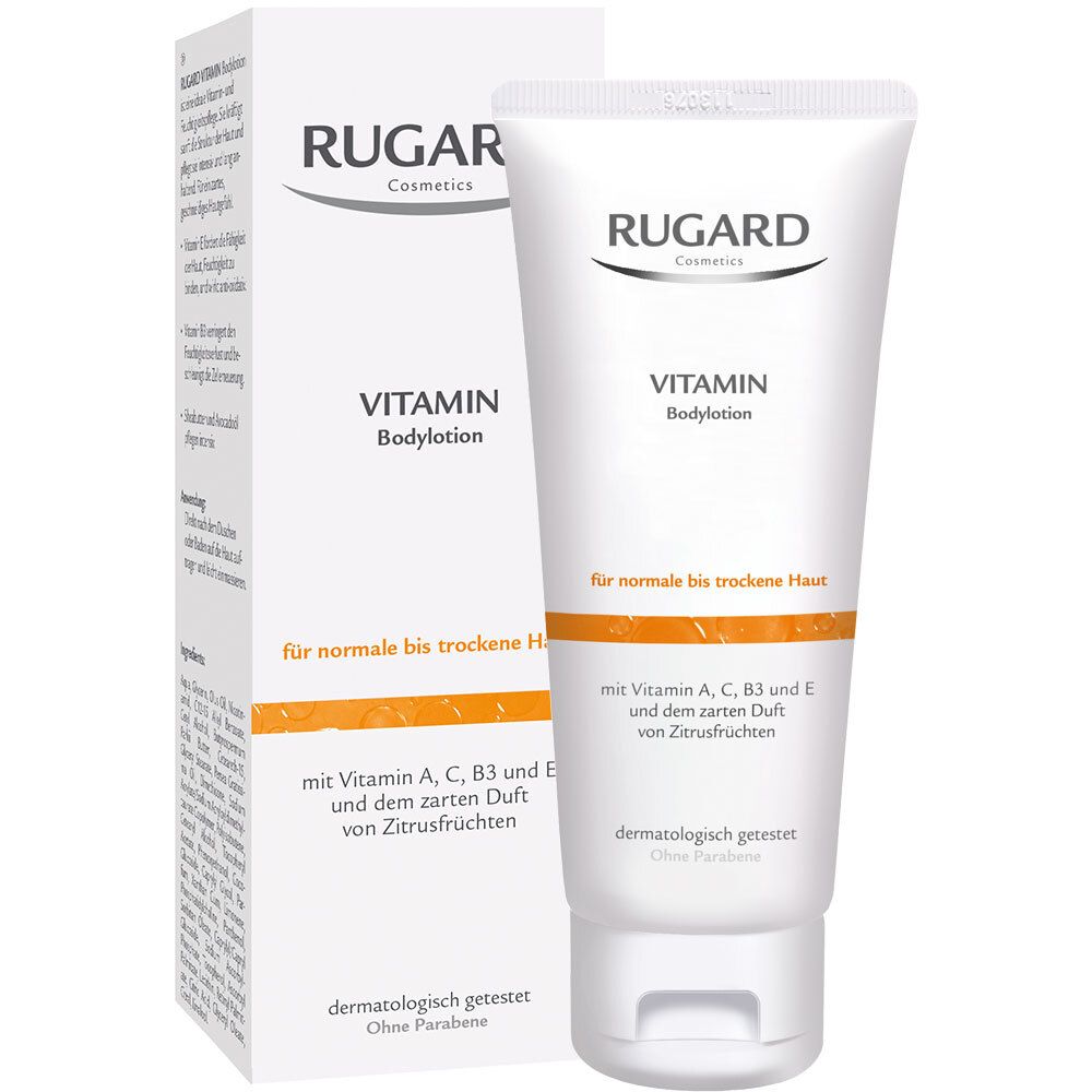 Tube et boîte blancs avec l'inscription RUGARD VITAMIN Bodylotion. Texte : pour peaux normales à sèches, testé dermatologiquement.
