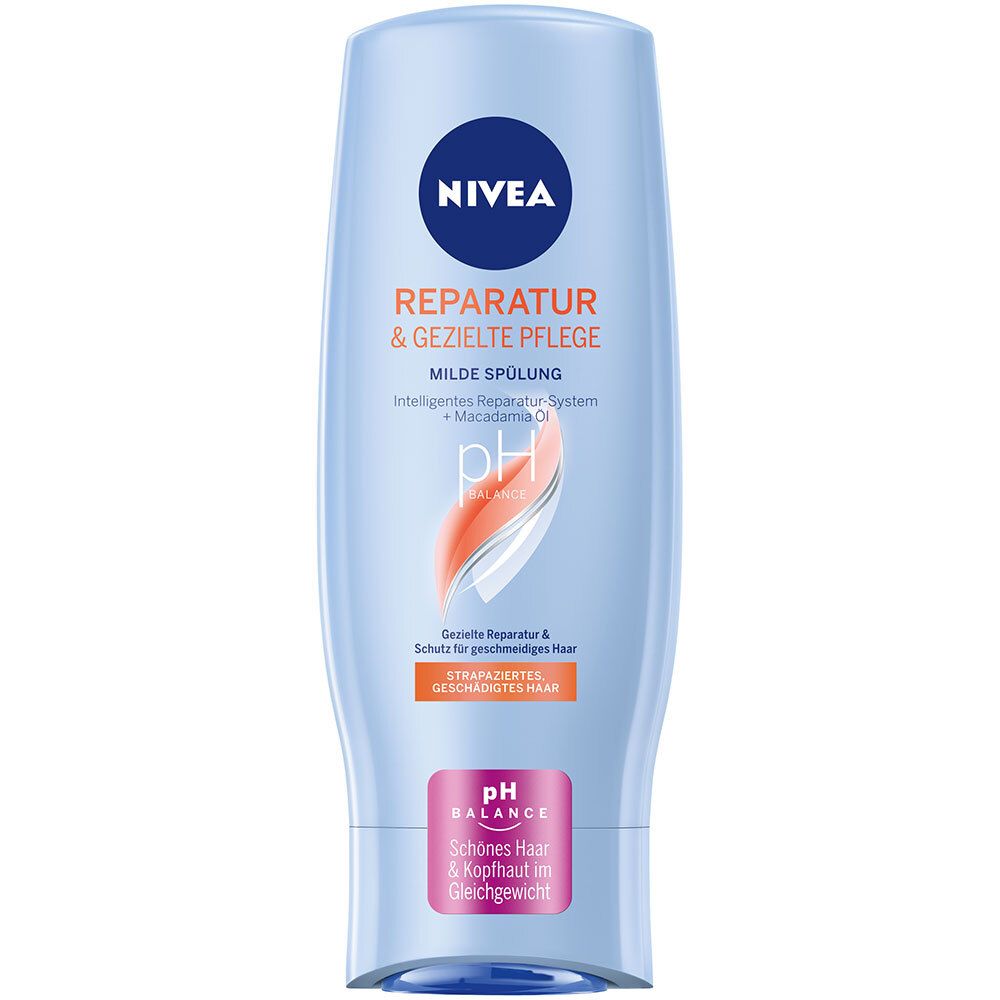Flacon bleu clair avec logo NIVEA et texte 'REPARATUR & GEZIELTE PFLEGE'. Contient le logo pH Balance et texte pour cheveux abîmés.