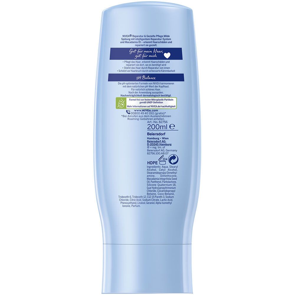 Dos d'un flacon bleu clair. Contient texte, ingrédients, informations fabricant et logo de recyclage. Volume : 200 ml.