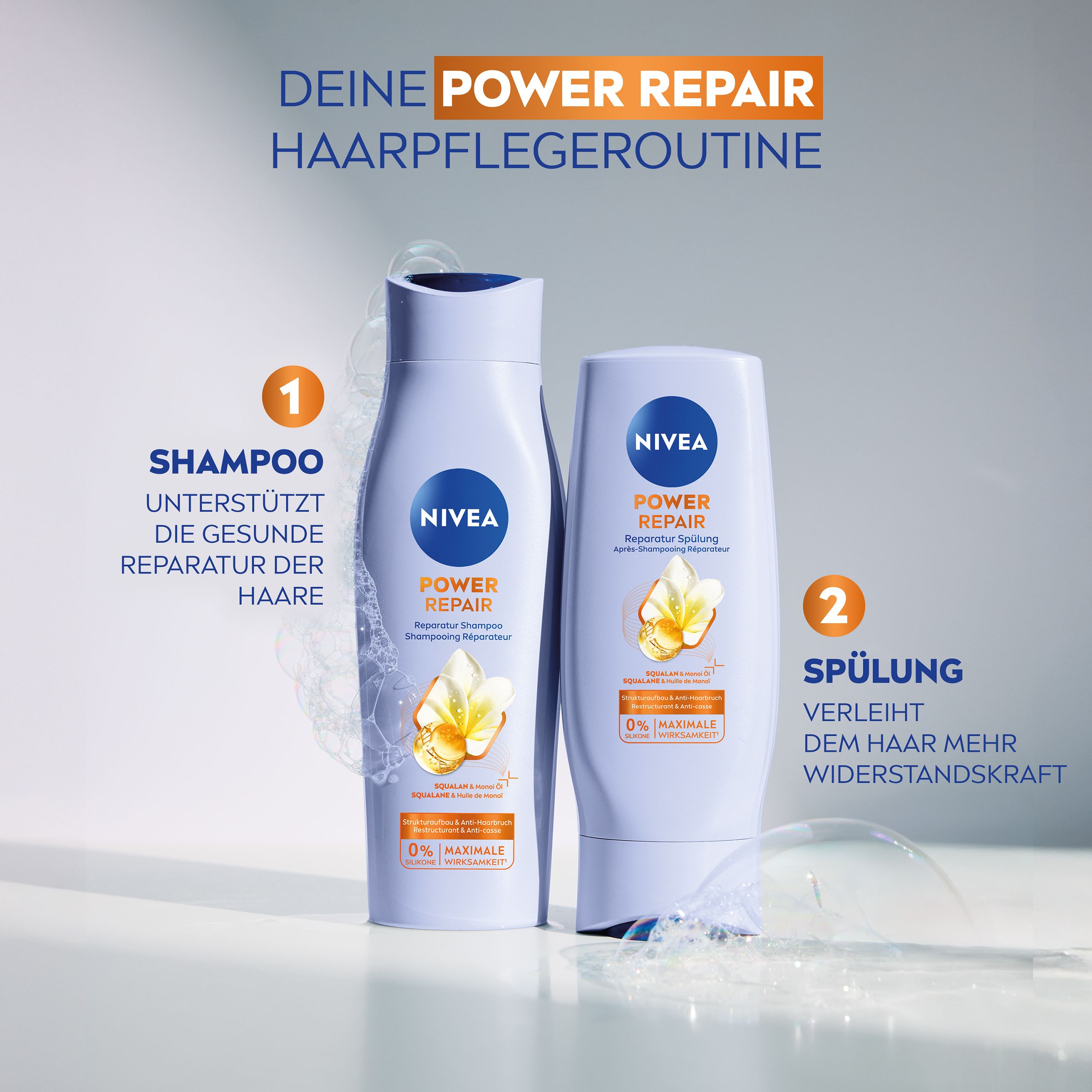 Shampooing et rinçage NIVEA Power Repair. Étape 1 : Shampooing, Étape 2 : Rinçage pour plus de résistance.