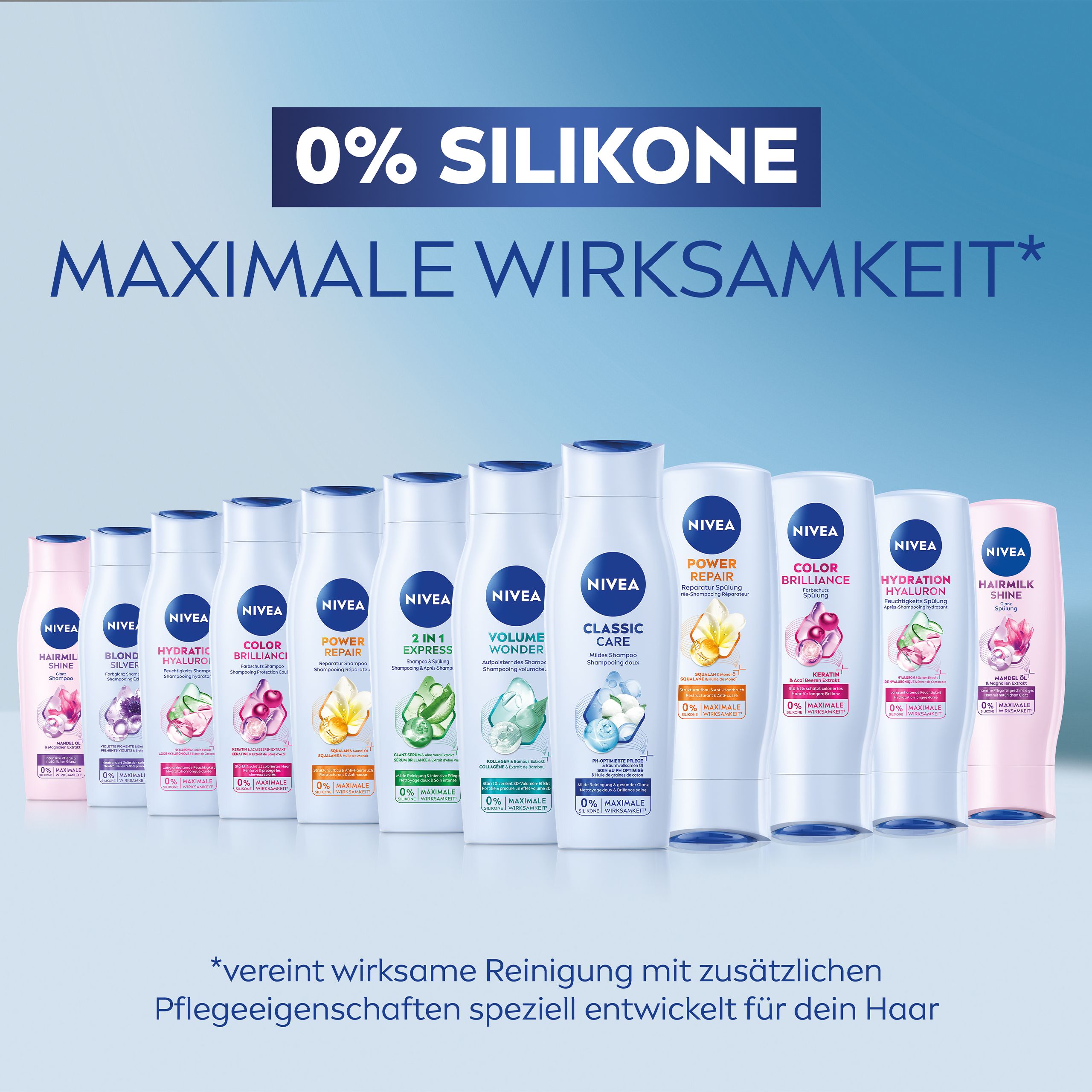 Gamme de produits capillaires NIVEA, y compris le rinçage Power Repair. 0% silicone, efficacité maximale.