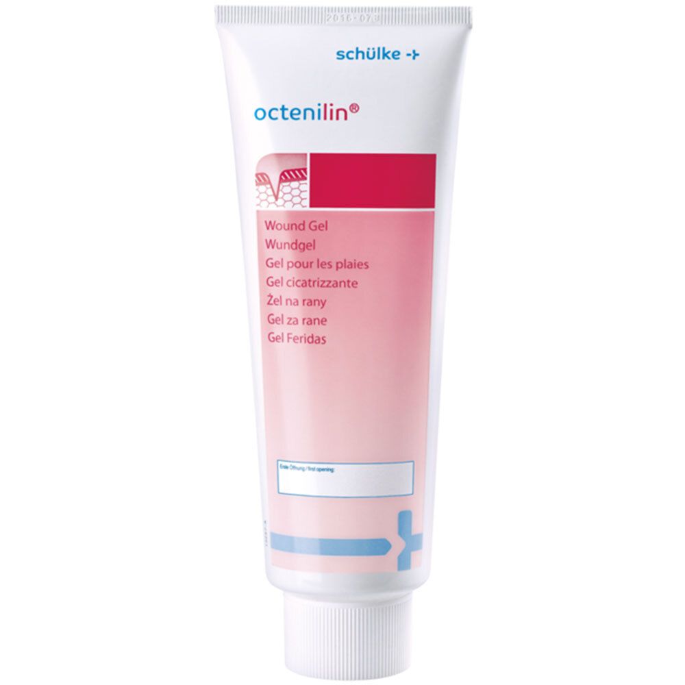 Tube de gel Octenilin®. Couleurs blanc et rose. Nom du produit et indications en plusieurs langues.