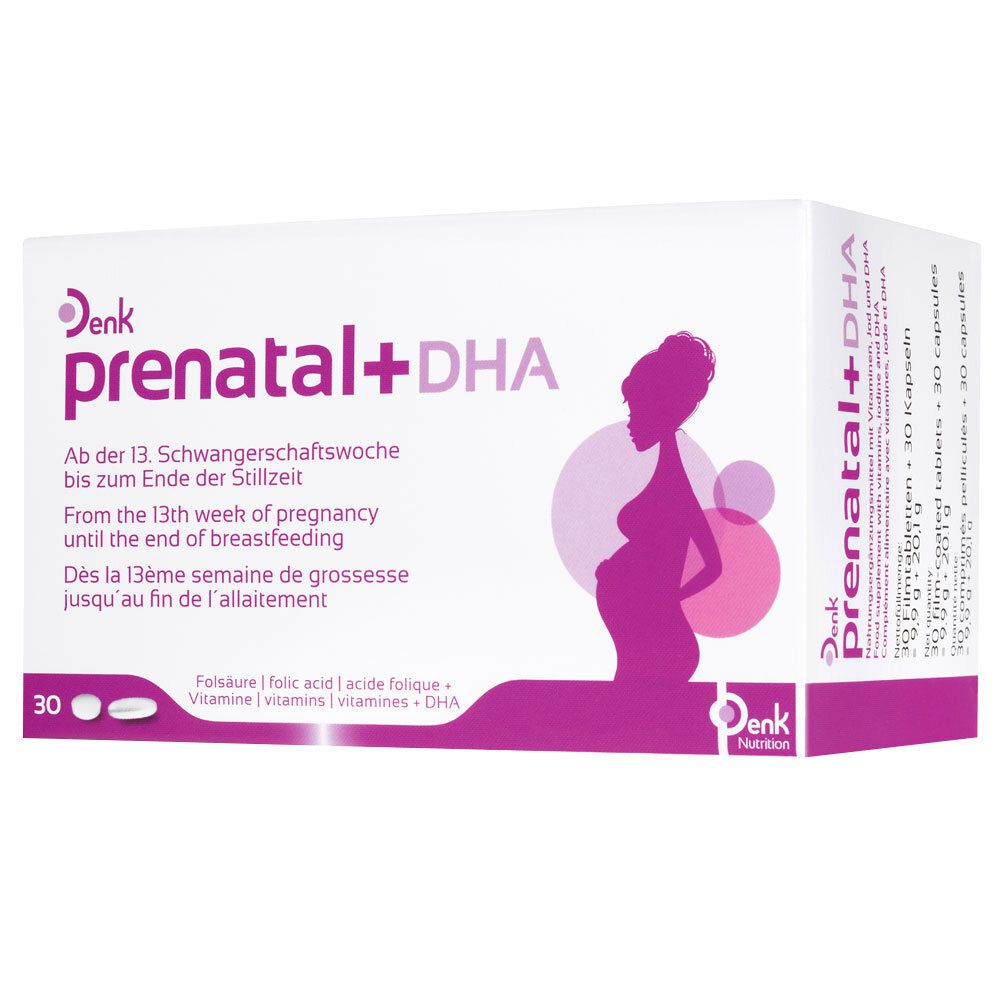 Boîte de prenatal+DHA. Contient des comprimés et des gélules. Illustration d'une femme enceinte, nom du produit, texte en allemand et français. Logo Denk Nutrition.