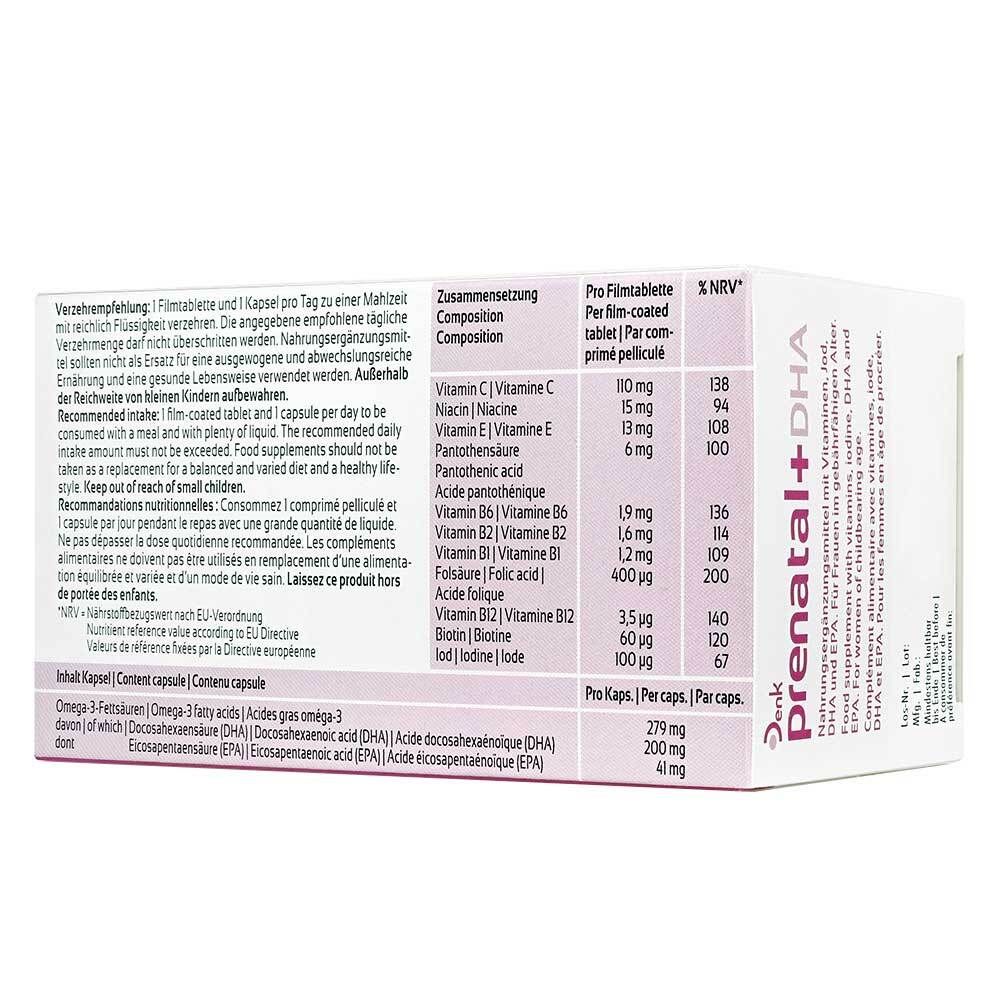 Dos de l'emballage prenatal+DHA. Contient des informations sur les ingrédients, la valeur nutritionnelle et les recommandations d'utilisation. Texte en allemand, français, italien et néerlandais.