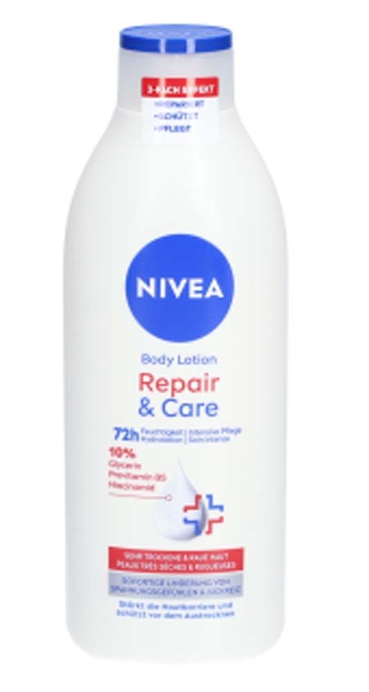 Flacon blanc, bouchon bleu. NIVEA Body Lotion Repair & Care. Étiquette rouge avec texte. Hydratation 72h.