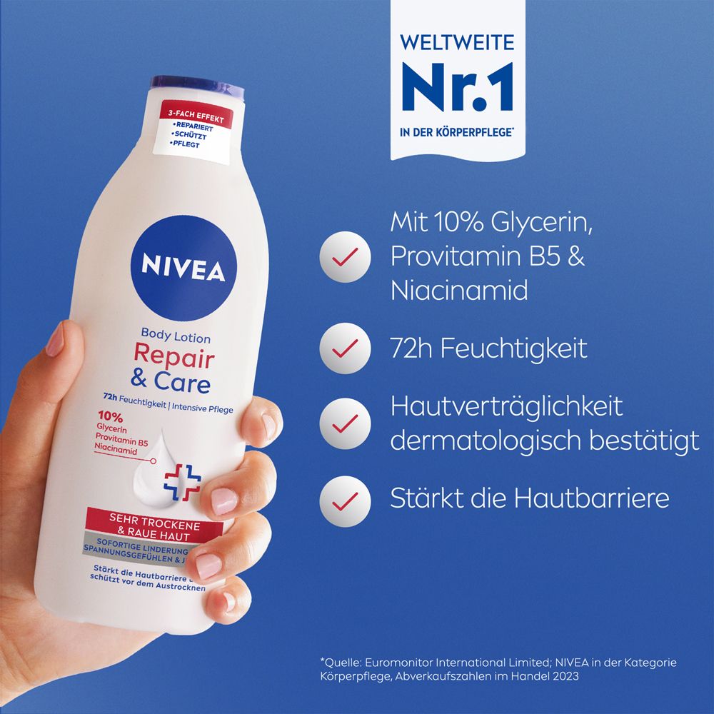 Main tenant NIVEA Body Lotion Repair & Care. Avec 10% de glycérine, provitamine B5, niacinamide. Hydratation 72h. Testé dermatologiquement.