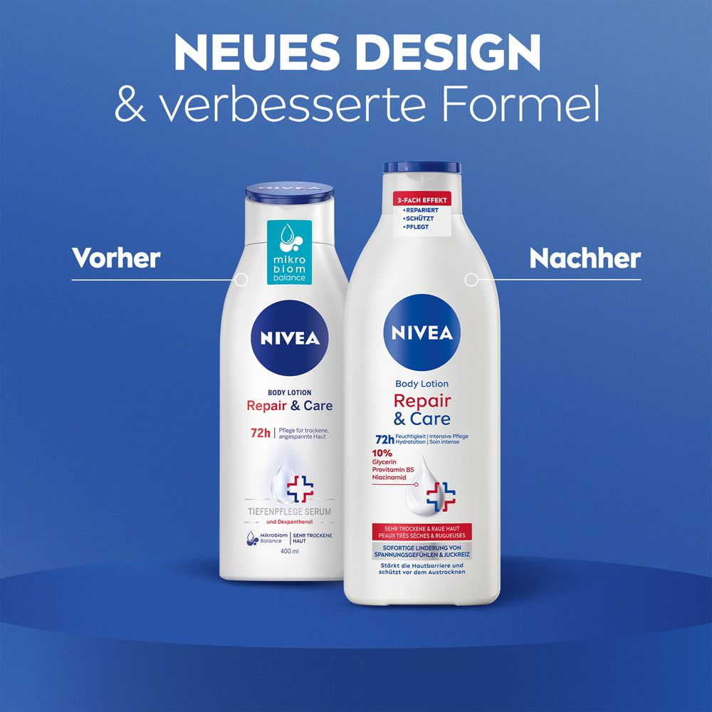 Comparaison NIVEA Body Lotion Repair & Care : ancienne et nouvelle formule. Nouveau design & formule améliorée.
