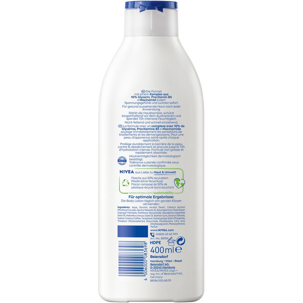 Dos NIVEA Body Lotion Repair & Care. Contient un complexe à 10% de glycérine, provitamine B5, niacinamide. Hydratation 72h.