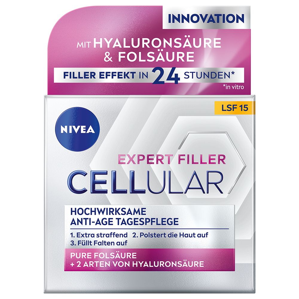 Emballage. NIVEA® CELLULAR EXPERT FILLER Anti-Âge Crème de jour SPF 30. Texte, logo et noms de produits.