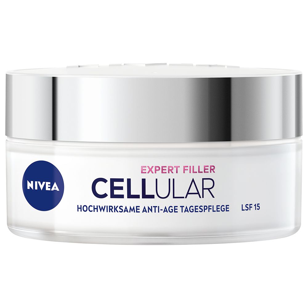 Pot de crème. NIVEA® CELLULAR EXPERT FILLER Anti-Âge Crème de jour SPF 15. Logo et noms de produits.