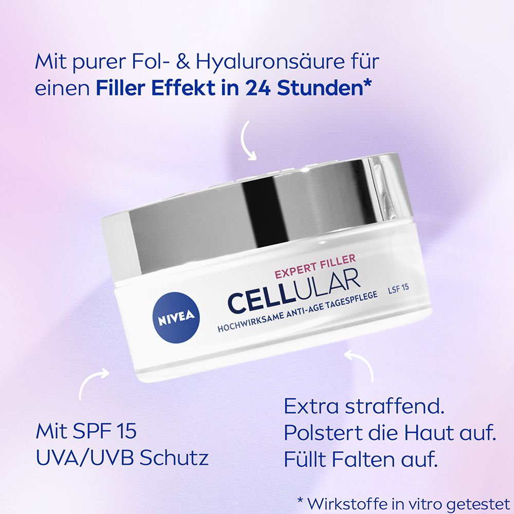 Pot de crème. NIVEA® CELLULAR EXPERT FILLER Anti-Âge Crème de jour SPF 15. Texte et flèches.