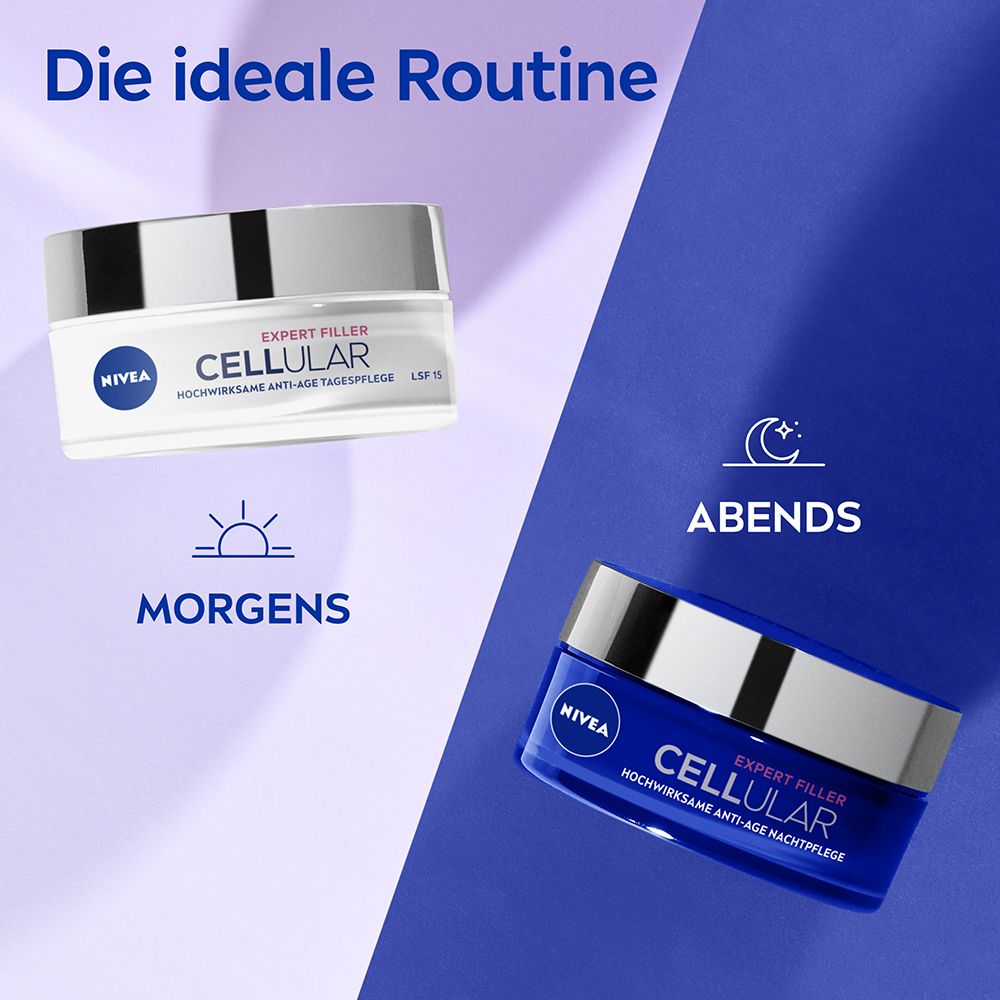 Deux pots de crème. NIVEA® CELLULAR. Soin de jour et de nuit. Logos et symboles.