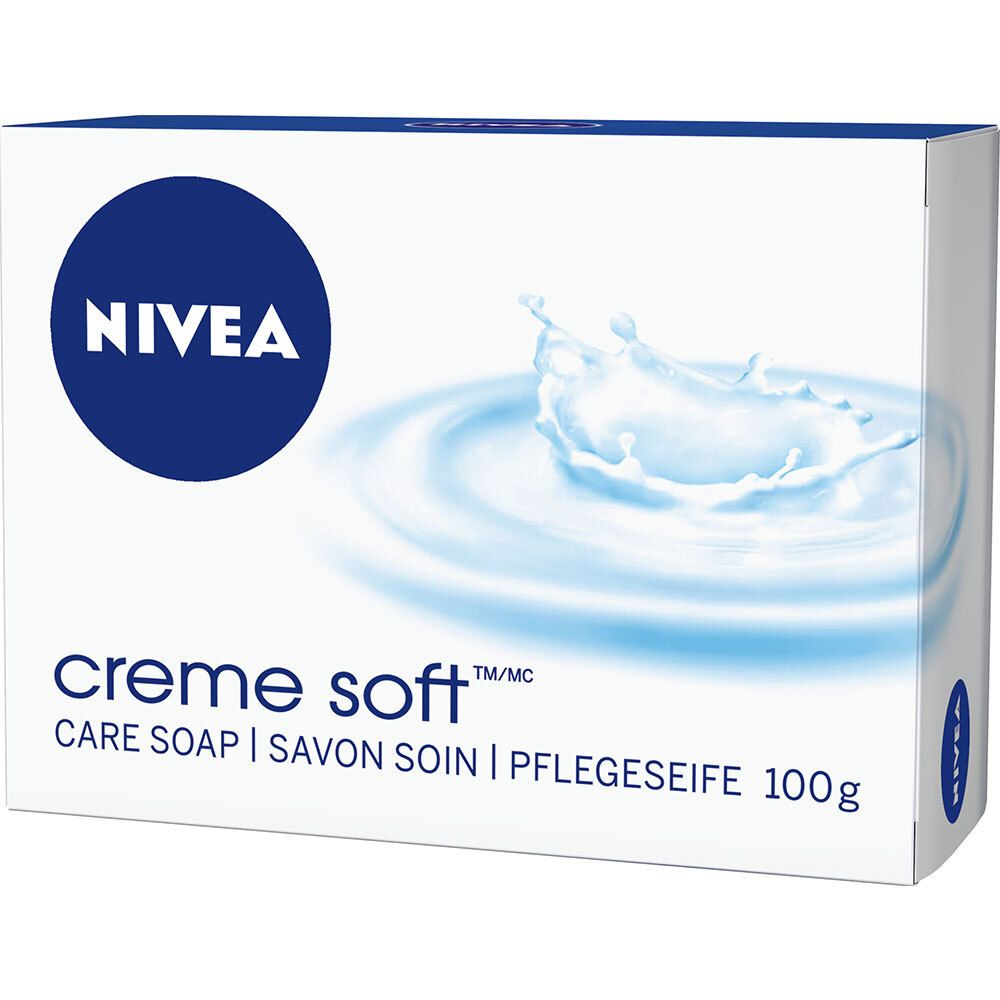 Emballage blanc avec logo NIVEA bleu et nom du produit. Savon crème soft, 100g. Illustration d'une éclaboussure d'eau.